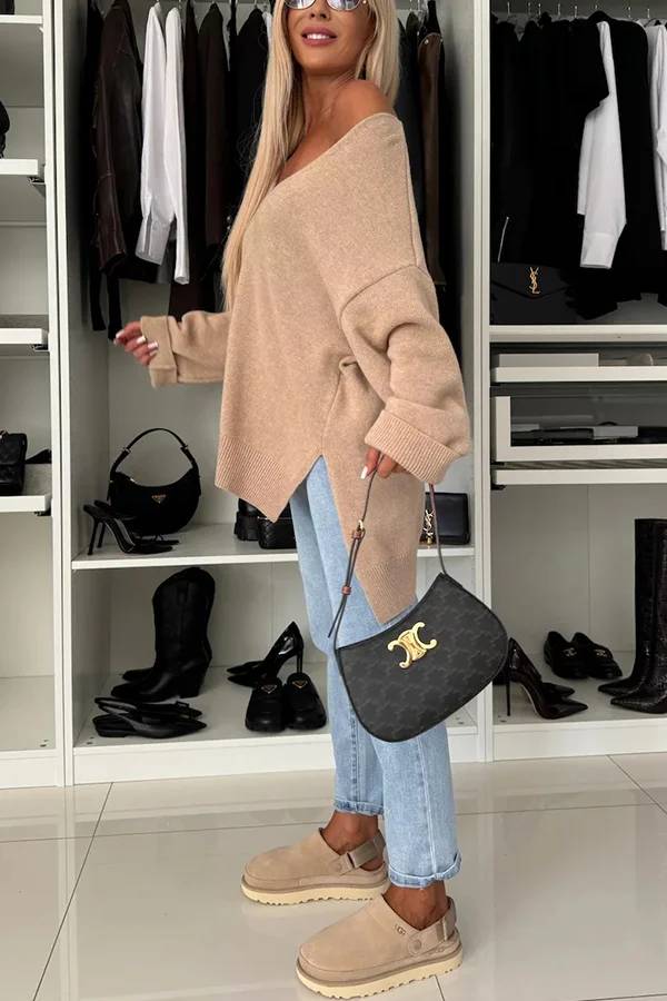 Cold Weather Knit Color Long Sleeve V-neck Irregular Relaxed Sweater
