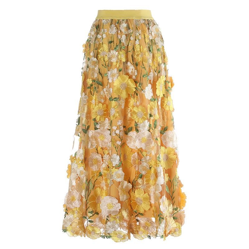 French Elastic Waist Yellow Embroidery Patch Tulle Skirt