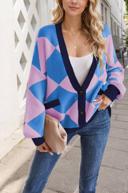 V-neck Diamond Stitching Contrast Color Loose Knitted Cardigan Jacket for