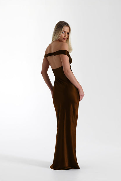 Satin Mermaid Off Shoulder Maxi Dress