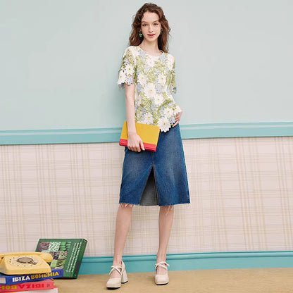 Boutique Green O-neck Hollow Out Embroidery Short Sleeve Blouse