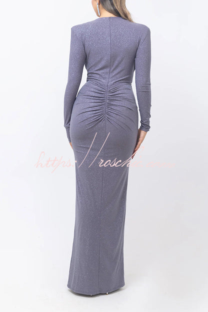 Color Shiny V-neck Long Sleeve Ribbon Slit Slim Fit Maxi Dress