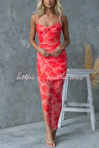 Saloni Mesh Print Twist Ruched Detail Irregular Hem Stretch Maxi Dress
