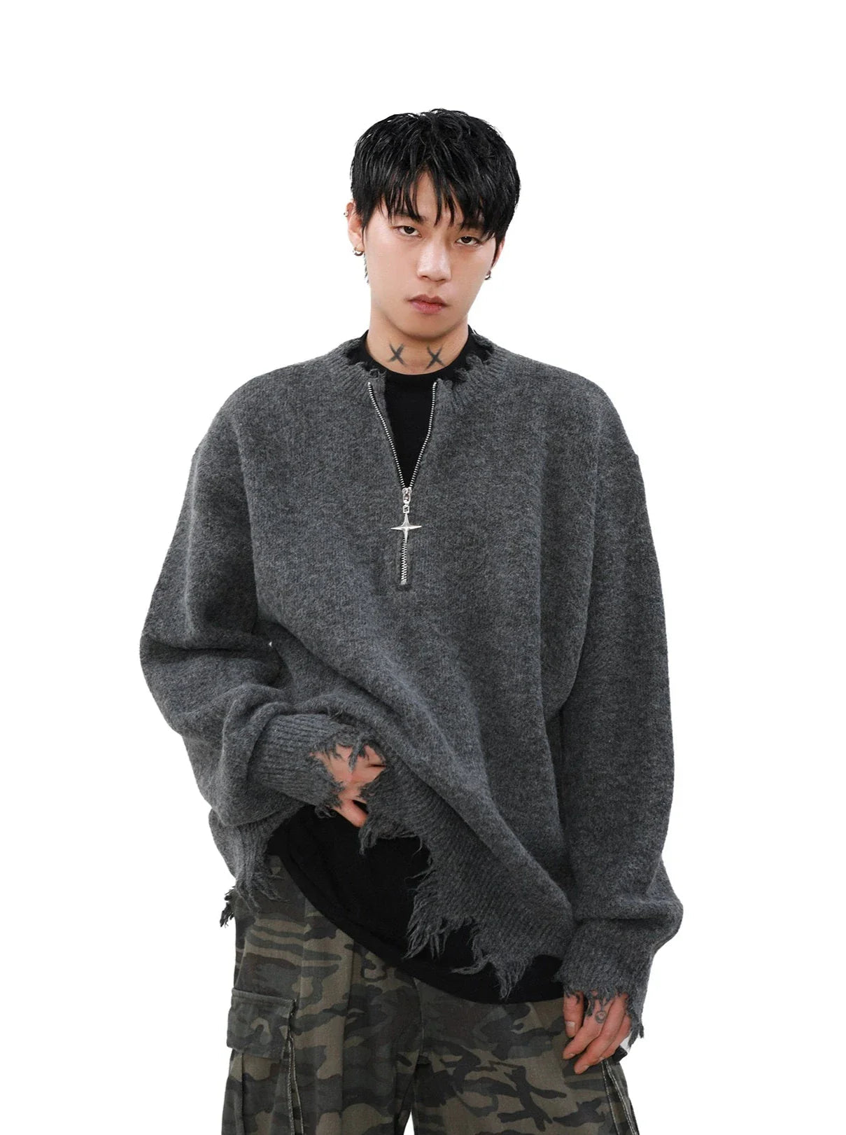 Cross Zipper Half-zip Distressed Sweater