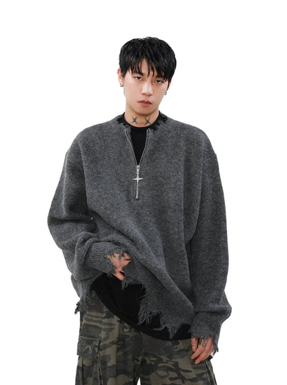 Cross Zipper Half-zip Distressed Sweater