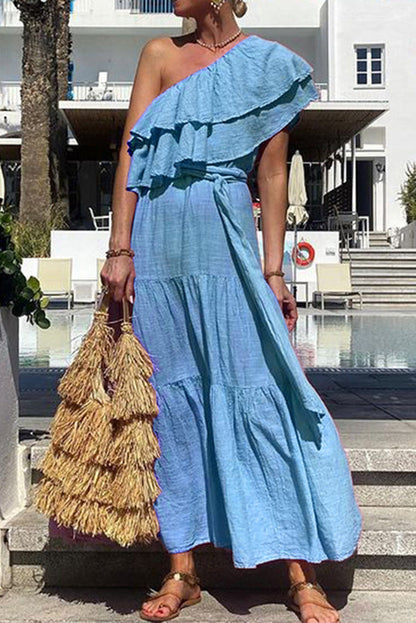 Linen Blend Color Oblique Collar Ruffle Waist Tie Maxi Dress
