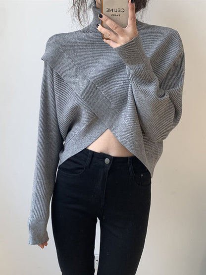 Urban White High-neck Split-front Long Sleeve Crop Sweater An1034
