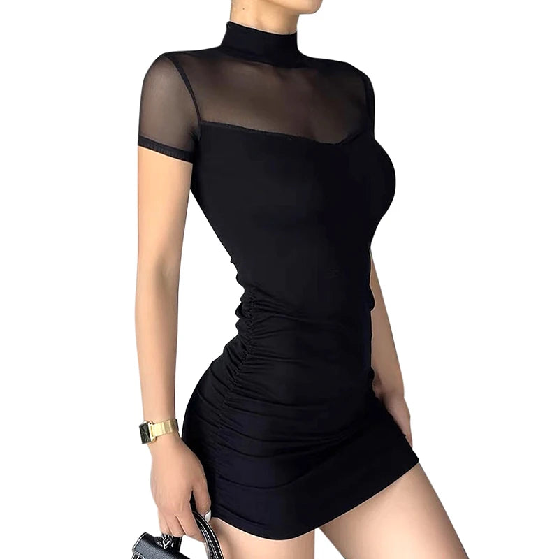 Goth Dark Mock Neck Y2k Bodycon Mini Dress Gothic Mesh Patchwork Sheer Party Dress