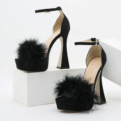 Pink Feather Fluffy High Heels Platform Sandals Peep Toe Ankle Buckle Strap Wedding Dress Shoes Sandalias