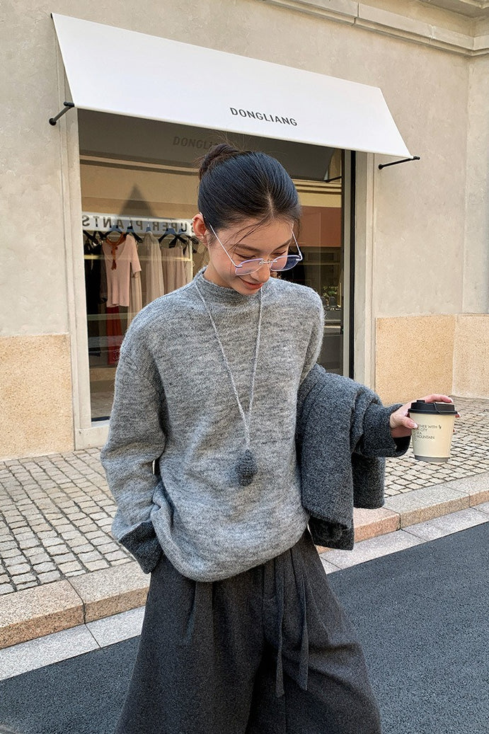 Color-block Mock Neck Loose Lazy-style Knit Sweater