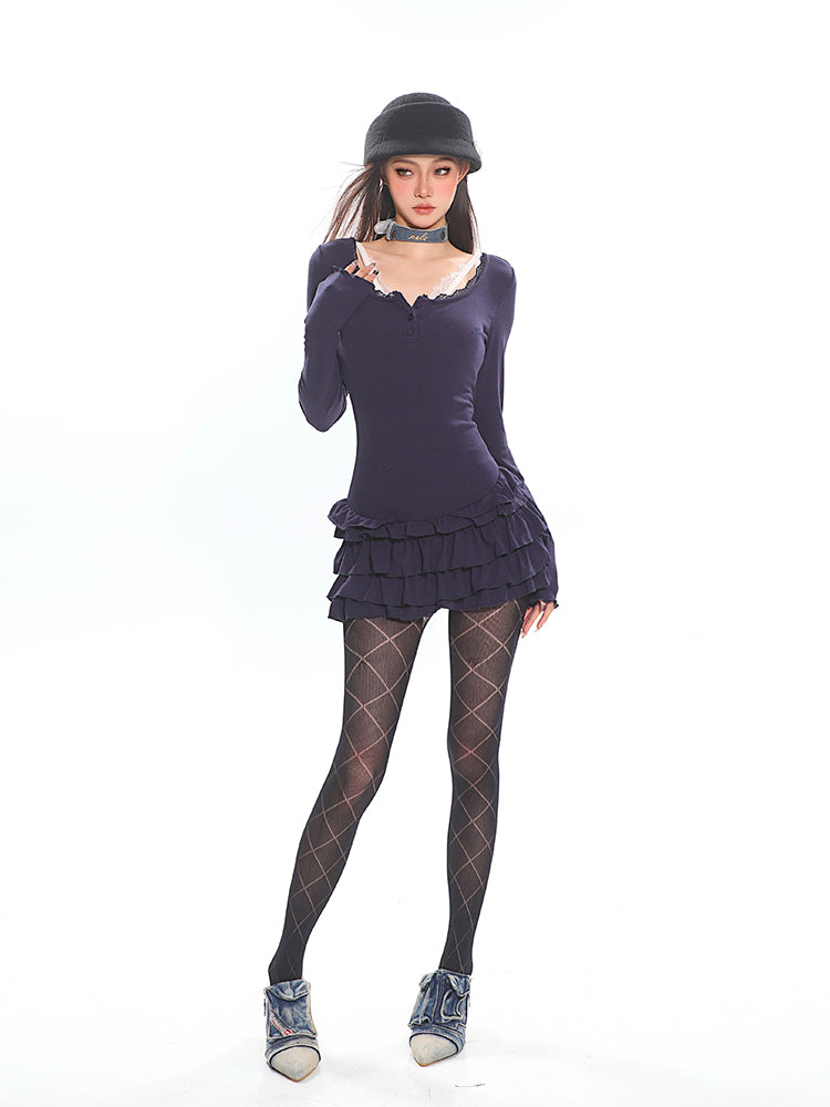 Lace Trim Ruffle Mini Dress