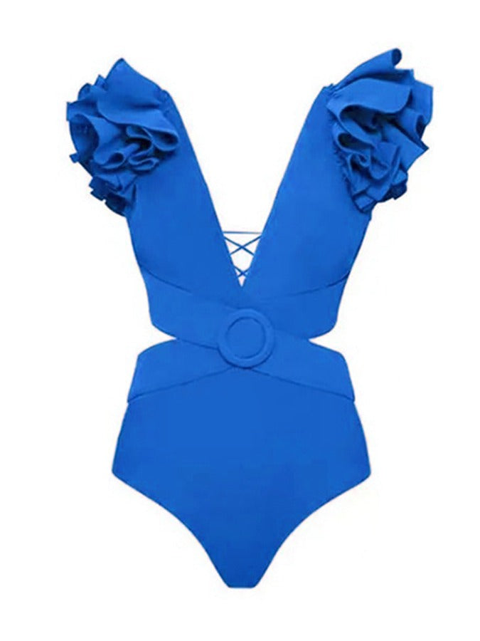 Deep V Red Cutout One Piece Swimsuit and Skirt