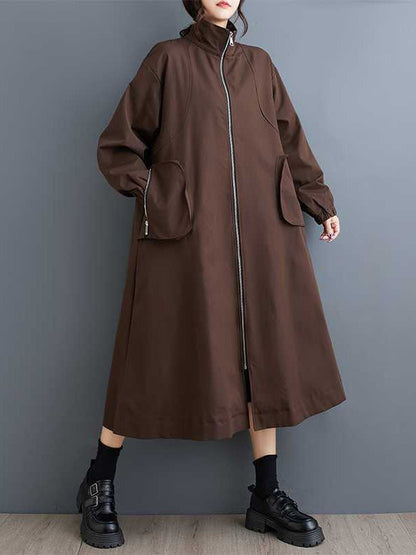 Retro Khaki High Neck Pockets Zip-up Long Sleeve Trench Coat Tw005