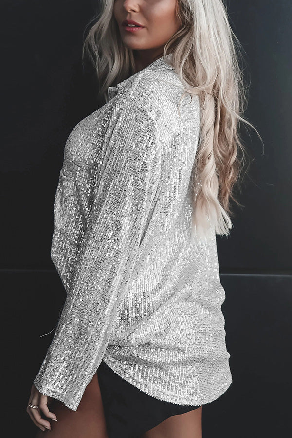 Color Button-down Long-sleeve Sequined Cardigan