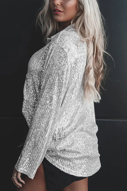 Color Button-down Long-sleeve Sequined Cardigan