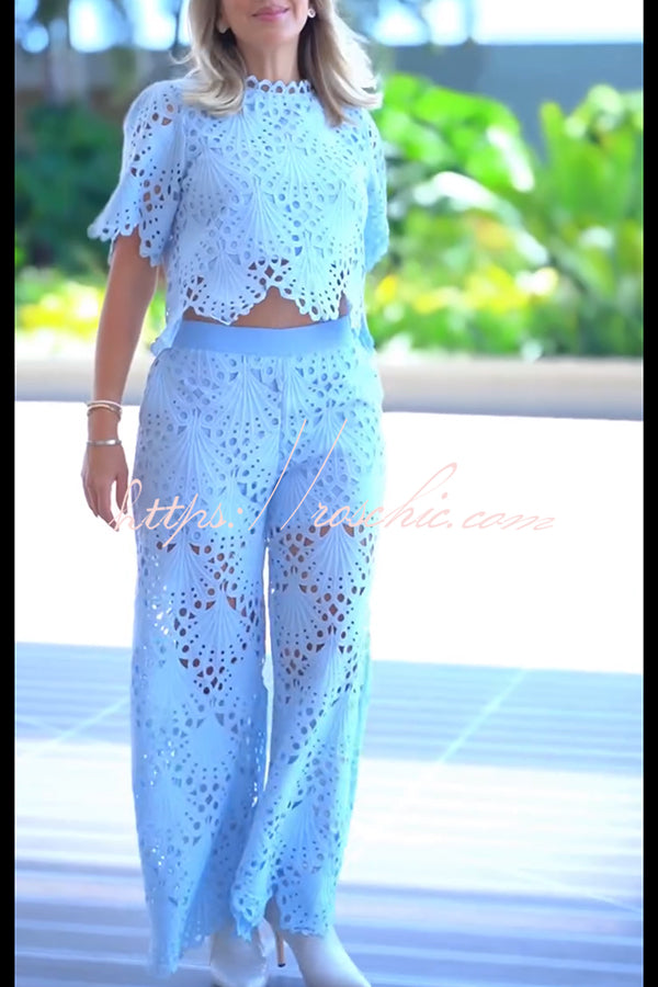 Eliose Scallop Cutout Embroidery Lace Elastic Waist Pocket Loose Pants