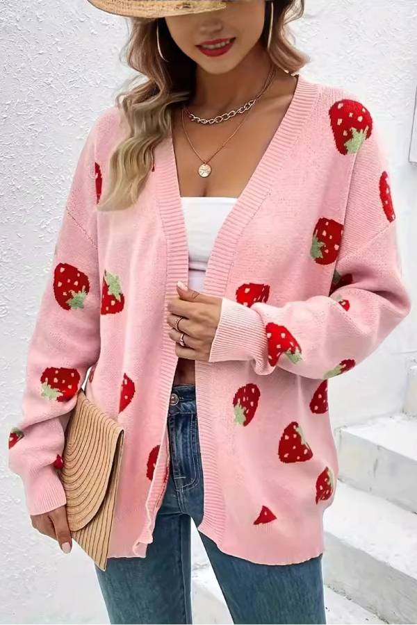 Pink Strawberry Pattern Knit Cardigan