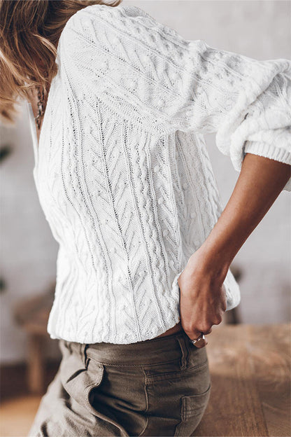 White Cable Knit V Neck Puff Sleeve Cardigan