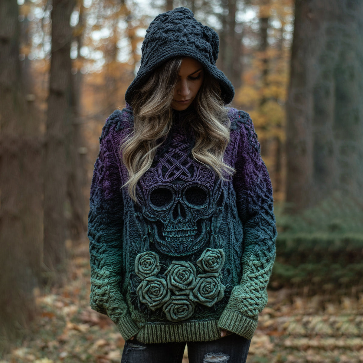 Women's Viking Tribal Jacquard Celtic With Rose And Skull Inspired Chunky Knit Hooded Sweater artswardrobe