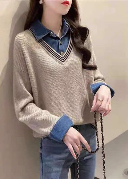 New Khaki False Two Pieces Patchwork Knit Sweaters Top Fall Qc050