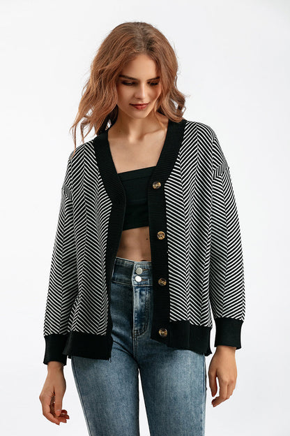 Striped V-neck Buttoned Knit Sweater