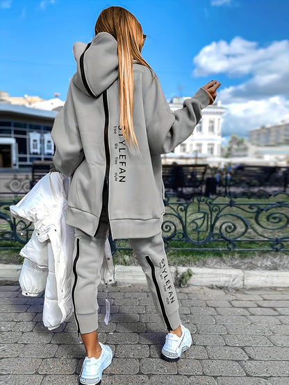 Zipper Back Drop Shoulder Hoodie & Elastic Waist Pants Outfits Fy8741