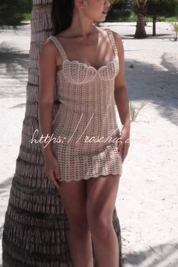 Pearl Embellished Knit Hollow Strap Mini Dress