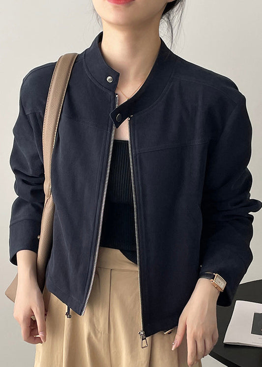 Navy Short Coat Outwear Zip Up Stand Collar Drawstring Fall Wd007