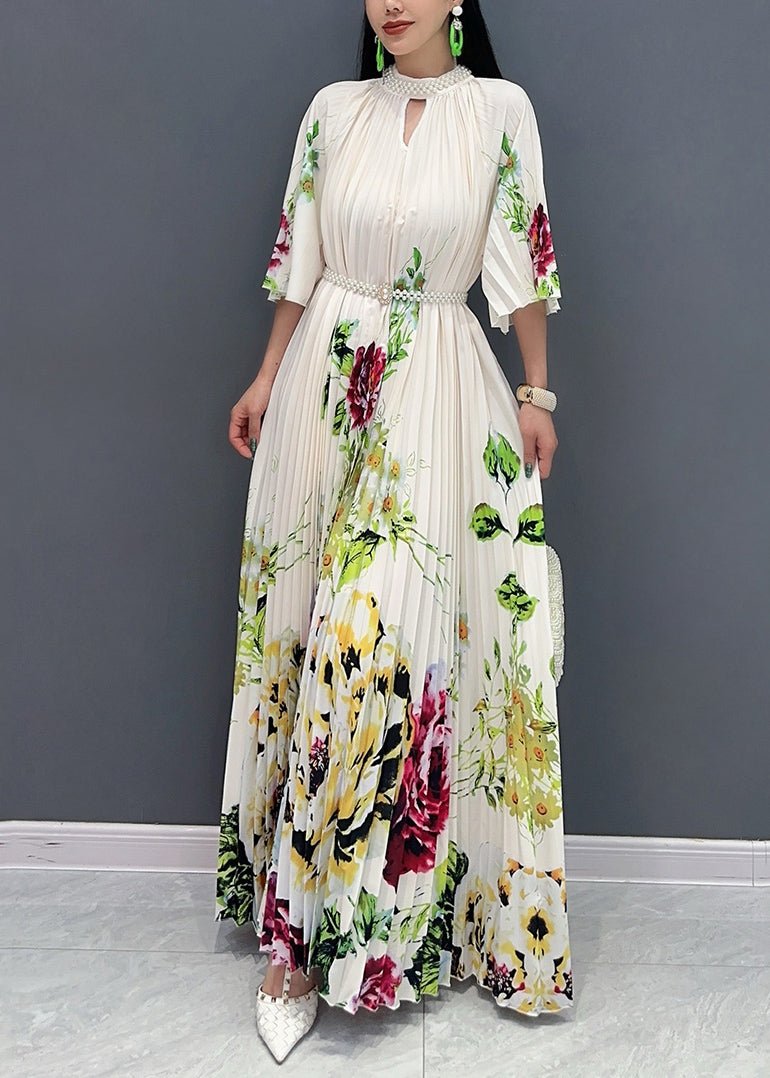 Stylish White Stand Collar Print Maxi Dresses Half Sleeve Ao1022