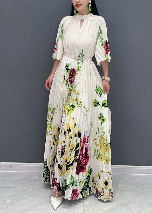 Stylish White Stand Collar Print Maxi Dresses Half Sleeve Ao1022