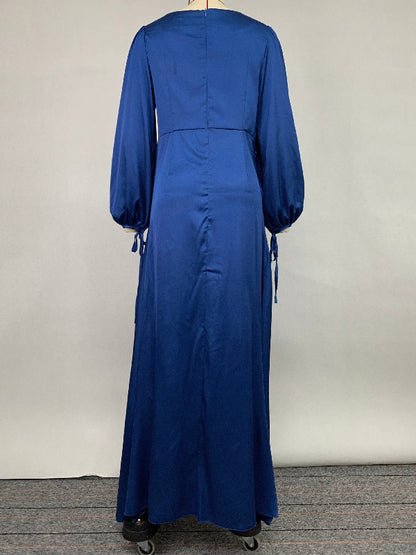 Look-thin Pleated Color V-cut Long Sleeves Maxi Dresses