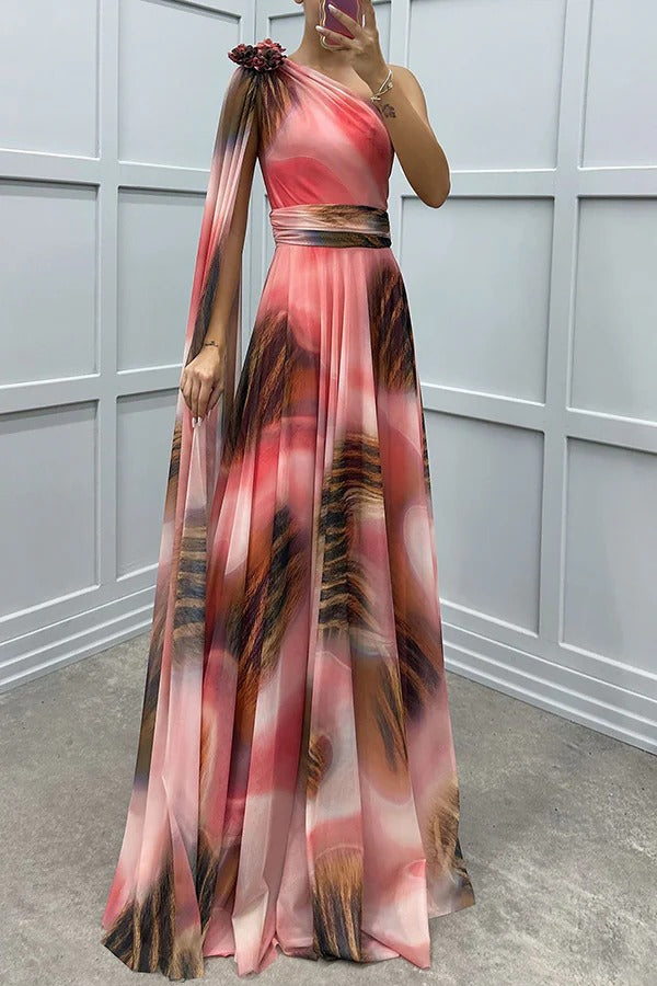 Lucia Unique Print Detail One Shoulder Draped Sleeve Gown Maxi Dress