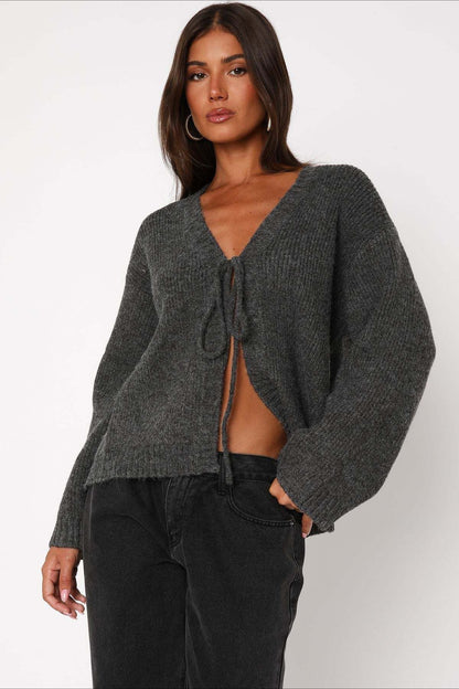 V-neck Tie Front Knit Cardigan Sweater