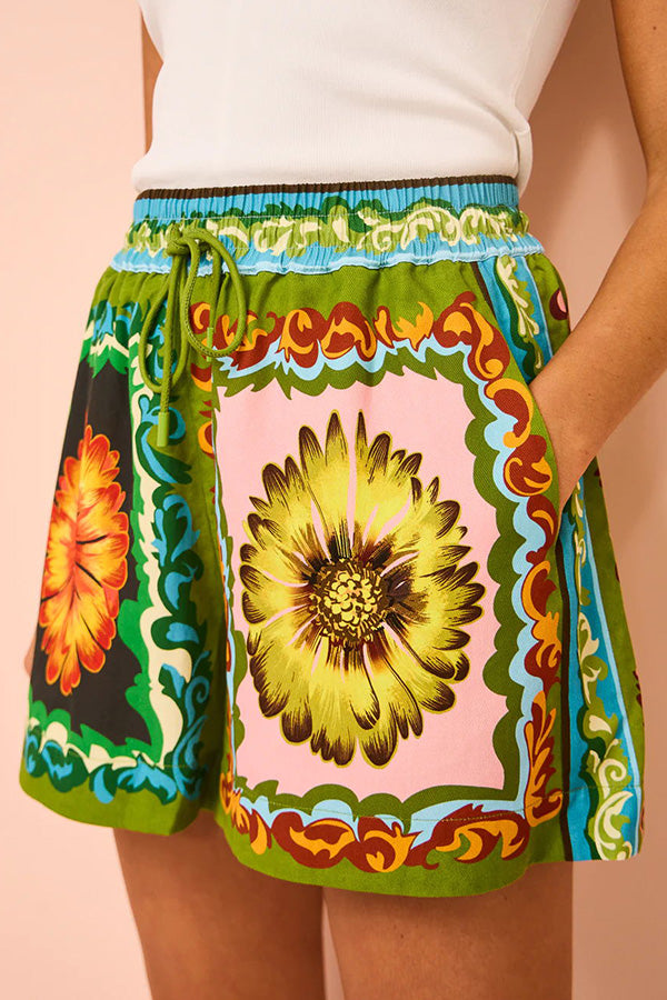 Disco Daisy Unique Print Colorblock Elastic Waist Pocketed Wide Leg Shorts