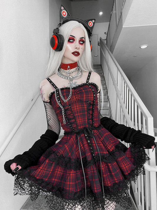 Plaid Red Prom Slip Dress Eyelet Lace Trim Double Cake Sleeveless Backless Zipper Mini Dress