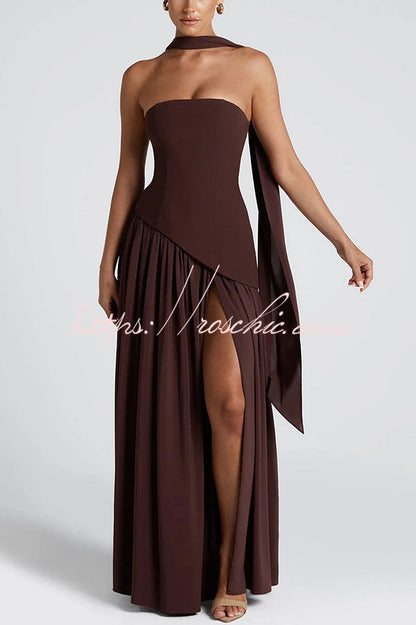 Off Shopulder Chiffon Pleated Hem Scarf Slit Maxi Dress