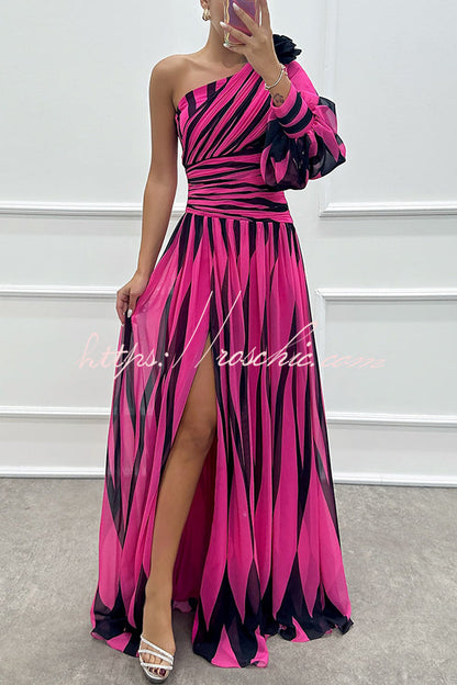 Purely Charming Printed Rose Pendant One Shoulder Pleated Slit Maxi Dress
