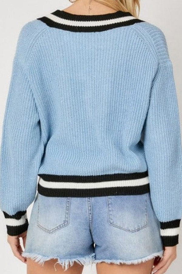 V-neck Long-sleeved Color-block Sweater