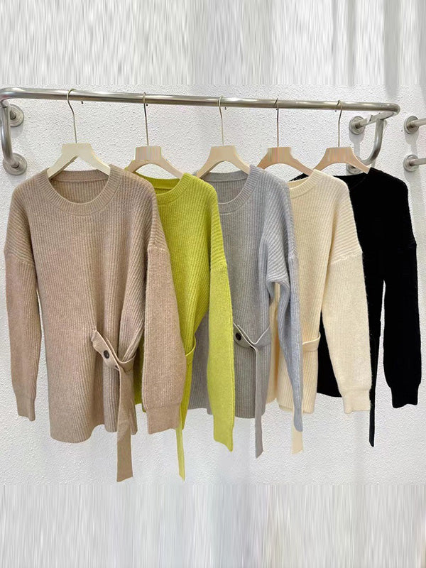 Green Round-neck Bandage Long Sleeve Knit Sweater An1036