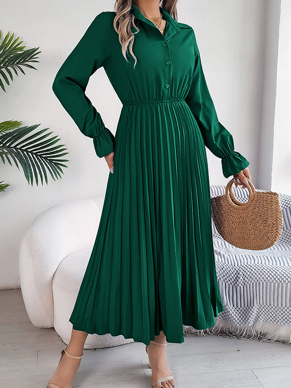 A-line Flared Sleeves Buttoned Elasticity Pleated Color Lapel Maxi Dresses