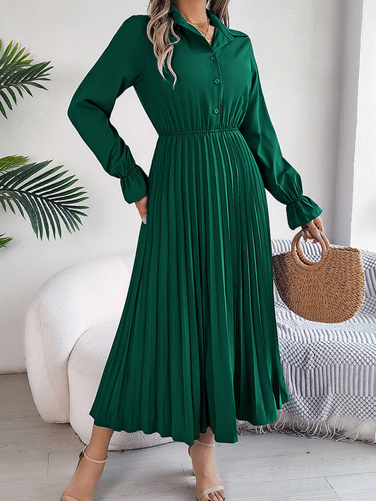 A-line Flared Sleeves Buttoned Elasticity Pleated Color Lapel Maxi Dresses