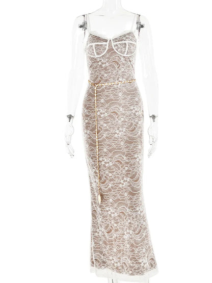 Lace Print Double Layer Dress for Bodycon Backless Metal Heart Pendant Maxi Dress Party Club Evening Dress