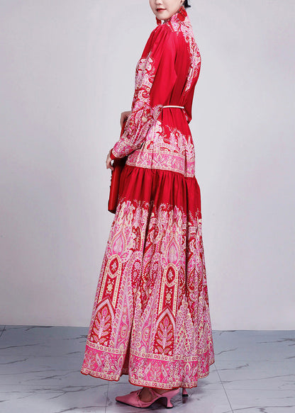 New Red Print Tie Waist Cotton Long Dresses Long Sleeve Ar1035