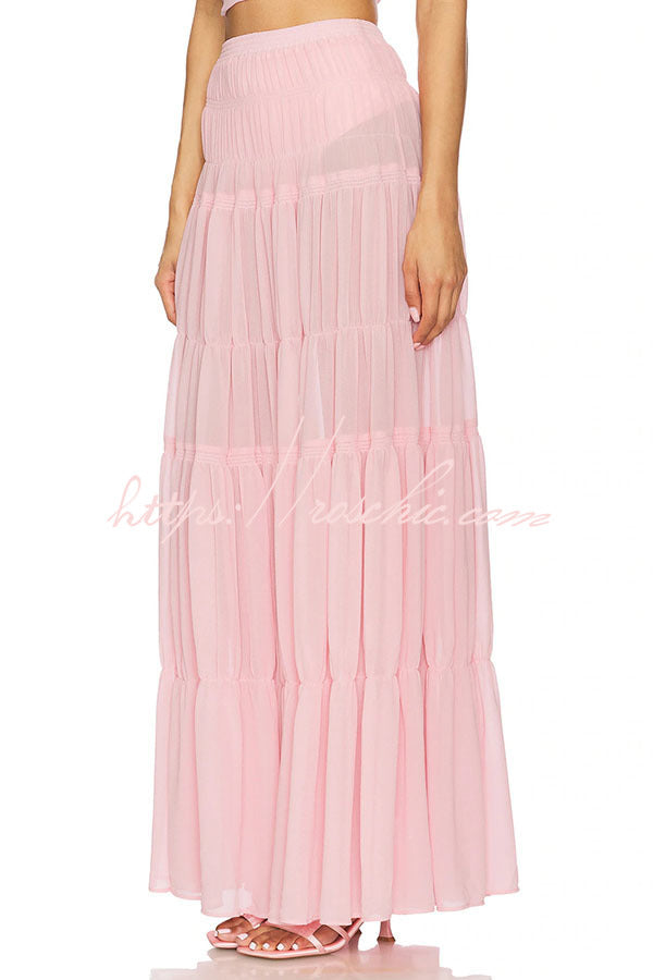 Chiffon Elastic Waist Layered A-line Maxi Skirt