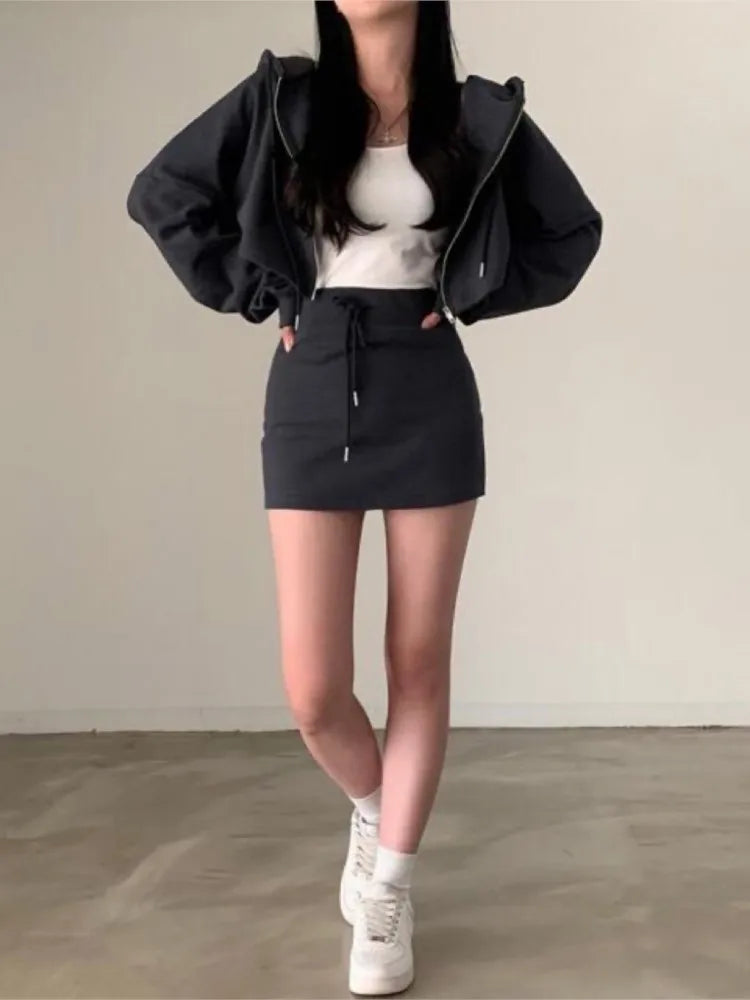 Korean 2 Piece Set Hooded Zip-up Long Sleeve Cropped Coat + Drawstring Mini Skirt Autumn Spring Outfits