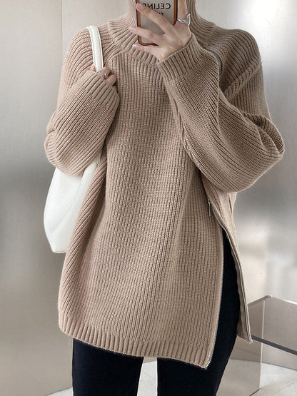 Urban Grey Halter-neck Split-side Zip-up Long Sleeve Sweater An1033