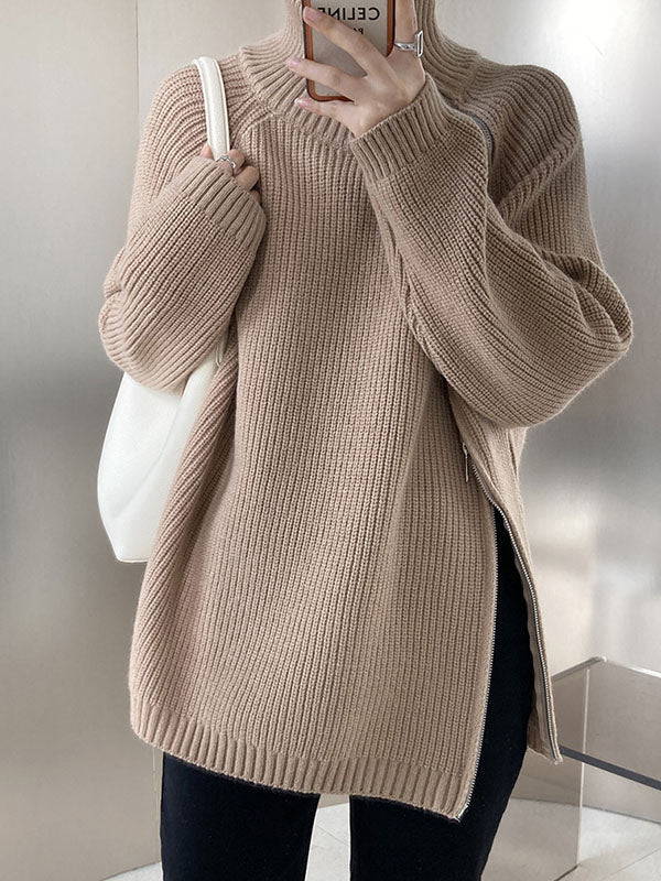 Urban Grey Halter-neck Split-side Zip-up Long Sleeve Sweater An1033