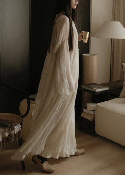 White Wrinkled Silk Cotton Long Dress Flare Sleeve Tt1050