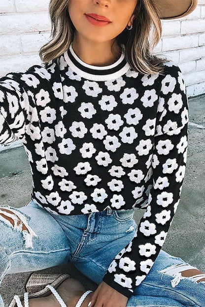 Mock Neck Print Knitted Sweater Color Block Light Weight Sweater