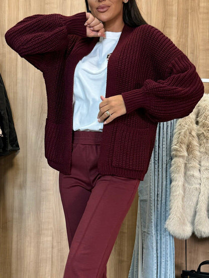 Color V-neck Long-sleeved Knitted Cardigan